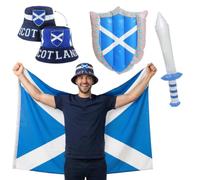 Scotland Supporters Kit Adultos - Sombrero de pescador Saltire + bandera de Escocia de 5 x 3 pies + espada y escudo inflables - Conjunto de disfraz unisex de talla única para la Copa del Mundo, Seis