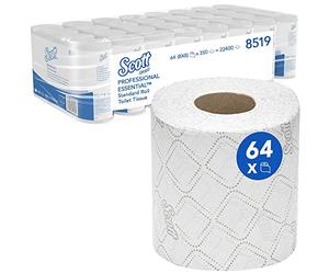 Scott Essential, 8519, Papel higiénico en rollo estándar, 2 capas, blanco, 64 rollos x 350 hojas