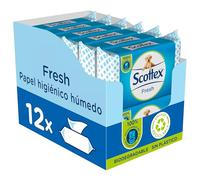 Scottex Papel Higiénico Húmedo Fresh con Agua Micelar y Vitamina E, Biodegradable y Sin Plástico, Caja 12 packs de 38 servicios, Total 456 Toallitas Húmedas Desechables por WC