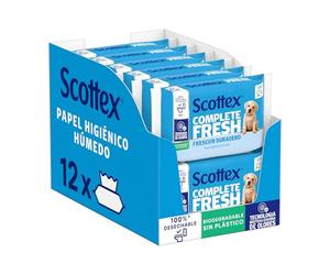 Scottex Papel Higiénico Húmedo Fresh con Agua Micelar y Vitamina E, Biodegradable y Sin Plástico, Caja 12 packs de 38 servicios, Total 456 Toallitas Húmedas Desechables por WC