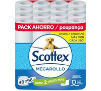Scottex Papel Higiénico Megarollo (Doble rollo) 48 rollos equivalen a 96 rollos regulares - (4 packs de 12 rollos)