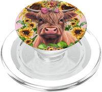 Scottish Cow Sunflower Graphic For Women Pink Highland Cow PopSockets PopGrip para MagSafe