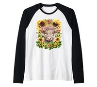 Scottish Highland Cow Pink Wildflower Crown Floral Sunflower Camiseta Manga Raglan