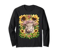Scottish Highland Cow Pink Wildflower Crown Floral Sunflower Manga Larga