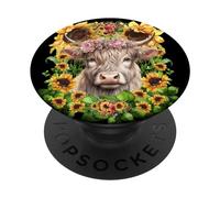 Scottish Highland Cow Pink Wildflower Crown Floral Sunflower PopSockets PopGrip Adhesivo
