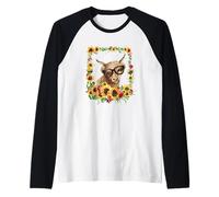 Scottish Highland Cow with Glasses Cute Pattern Sunflower Camiseta Manga Raglan
