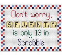 Scrabble Letters - Kit de punto de cruz, diseño de broma divertida, juego de tarjetas de aniversario con Aida, hilos DMC, carta de colores y tarjeta de apertura (70 setenta)