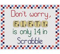 Scrabble Letters - Kit de punto de cruz, diseño de broma divertida, juego de tarjetas de aniversario con Aida, hilos DMC, carta de colores y tarjeta de apertura (50 cincuenta)
