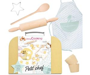 SCRAP COOKING 1138 - Maletín pequeño chef con rodillo para repostería y cuchara de madera, cajas, cortaestrellas, delantal de algodón, maletín para niños pequeños