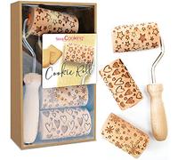 SCRAP COOKING - 3963 - Kit de rollo de galletas con 3 mini rodillos de madera con motivos - Huellas decorativas grabadas en relieve - Molde para galletas, galletas y galletas