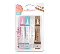 SCRAP COOKING - 4 Rotuladores Decorativos - Blanco, Rosa, Azul, Marrón, Chocolate - Para Pastelería - 4 x 20 g - Tinta Comestible- 7120