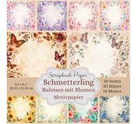 Scrapbook Papier Schmetterling Rahmen mit Blumen Motivpapier: Bastelpapier für farbenfrohe Collagen, Junk Journals und Fotoalben - 20 Blätter, 10 ... Ausschneiden (Quadratisch, 21,59 x 21,59 cm)