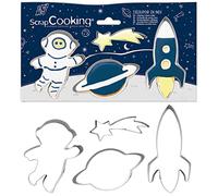 ScrapCooking 2084 - Cortador de galletas (acero inoxidable, 4 cortadores de galletas, estrella, cohete, planeta, mejillones pequeños, accesorios para repostería, cumpleaños y decoración