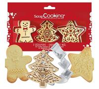ScrapCooking - 3 Cortadores y Estampadores de Madera «Navidad» - Árbol, Estrella, Hombre de Jengibre - Cortapastas de Acero Inoxidable para Galletas en Relieve - Moldes y Accesorios Repostería - 2110