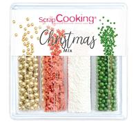 ScrapCooking - Decoración dulce «Xmas Mix» 70 g - Surtido de 4 variedades: perlas doradas, bolas verdes, estrellas rojas, fideos blancos - Decoraciones de tronco, pasteles, magdalenas, decoración de