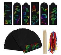 Scratch Art Marcapáginas, 48 Pcs Creativas Rascar Papel Magic Marcadores de Libros con Lápices Plantillas Dibujos, DIY Etiquetas de Regalo para Estudiantes y Niños