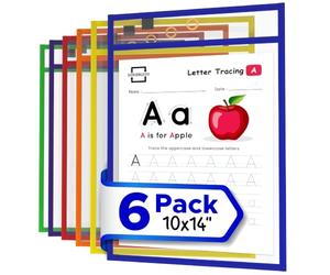Scribbledo Bolsillos de borrado en seco, paquete de 6 fundas reutilizables de borrado en seco con soporte para marcadores, fundas de bolsillo coloridas de borrado en seco para la escuela o el trabajo,