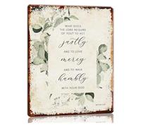 Scripture Metal Sign Micah 6 8 What Does the Lord Require Encouraging Words Vintage Botanical Eucalyptus Motif Tin Plaque for Study Den 8 X 12 inch
