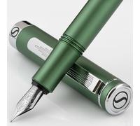 Scriveiner Pluma Estilográfica EDC Lujosa (Mediana), Magnífica Pluma de Bolsillo Verde Mate y Acabado Cromado, Plumín Alemán Schmidt, Convertidor, Set de Regalo de Pluma de Diseño para Hombre y Mujer