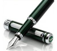 Scriveiner Pluma Estilográfica - Impresionante Pluma Lujosa con Acabado Cromado en Verde Muy Oscuro, Plumín Schmidt (Fino), Mejor Set de Regalo de Empresa para Hombre y Mujer, Ejecutivo, Oficina