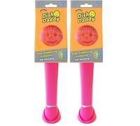 Scrub Daddy Dish Daddy - Cepillo de vajilla con depósito, esponja de vajilla rascadora FlexTexture, mango integrado con dispensador líquido vajilla, cepillo de esponja y soporte de soporte, color rosa