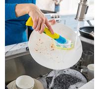 Scrub Daddy Dish Wand, Estropajo con Mango Dispensador de Jabón, Esponja con Textura Cambiante, Cepillo de Platos con Raspador Incorporado y Cabezal de Limpieza - En Amarillo