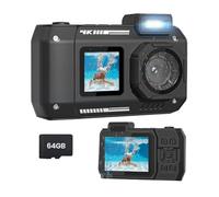 Sctecoau Cámara impermeable 4K 65MP cámara subacuática con tarjeta de 64G, para esnórquel, enfoque automático, selfie, pantalla doble, color negro