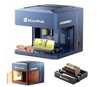 SCULPFUN iCube Ultra de 12W Máquina de grabado láser portátil de escritorio con mini rodillo láser giratorio RA, área de trabajo totalmente cerrada de 150 x 150 mm con filtro de humo