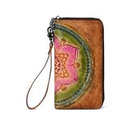 SCWZZWSY Cartera de cuero vintage en relieve para mujer, bolso de mano largo con clip para billetes, organizador de tarjetas hecho a mano (color: C), c