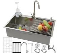 SCYOMSTORE Fregadero de acero inoxidable con grifería, 80 × 50 cm, 1 lavabo, fregadero empotrable de acero inoxidable, rectangular, juego de cocina, fregadero grande, incluye cesta de drenaje y sifón