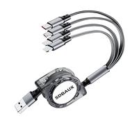 SDBAUX 4 en 1 Cable de Cargador Retráctil 1m, Cable Multi USB de Carga rápida con 2 8-Pin/Tipo C/Micro USB para Phone XS MAX XR X 8 7 6 Plus iPad iPod, Samsung Galaxy Google Pixel LG HTC (Solo Carga)