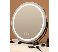 SDCFFC Specchio da trucco Rotondo con controllo Touch intelligente, dimmerabile a 3 Colori, Cornice in Metallo, rotazione a 360°, ideale per comodino o scrivania.