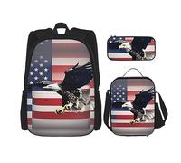 SDEGTHO 3D Bald Eagle Flying With American Flag Bookbag Caja de gran capacidad y estuche para lápices, 3 piezas, Black, Talla única