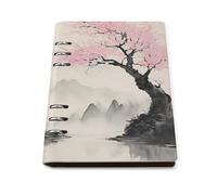 SDEGTHO Cuaderno plano A5 con diseño de árbol de montaña con flor de cerezo, diario de cuero recargable para organizador diario, notas de negocios