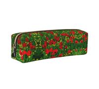 SDEGTHO Estuche de cuero con estampado de campo de amapolas rojas para estudiantes, bolsa simple para niños y niñas, pequeña bolsa con cremallera para suministros escolares, marcadores, maquillaje