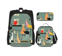 SDEGTHO Juego de 3 bolsas de libros de gatos de arte moderno de mediados de siglo, incluye mochila de gran capacidad, lonchera y estuche para lápices, 3 piezas, NEGRO, One Size