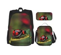 SDEGTHO Juego de 3 bolsas de libros Red Ladybug Dasisy que incluye mochila de gran capacidad, lonchera y estuche para lápices, 3 piezas, NEGRO, One Size