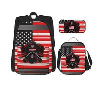 SDEGTHO Red Line Firefighter - Juego de 3 bolsas con diseño de bandera de Estados Unidos, incluye mochila de gran capacidad, lonchera y estuche para lápices, 3 piezas, NEGRO, talla única