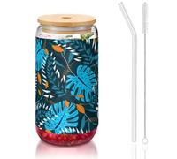 SDEGTHO Vasos de verano con estampado de hojas tropicales con pajita de vidrio, 473 ml, para cerveza, café helado, whisky, regalo