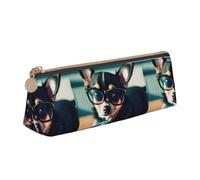 SDFHU Estuche ligero y espacioso con diseño de gafas de perro chihuahua, gran capacidad, triángulo con cremallera, para herramientas de escritura, White, Talla única