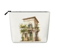 SDFHU Neceser con diseño de edificio antiguo con rama de olivo romano y estampado griego para mujer, bolsa de maquillaje de una sola capa, artículos esenciales de viaje, cosméticos con cremallera,