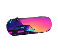 SDFHU Retrowave - Estuche de piel con impresión de imágenes - Versátil soporte de cuero para bolígrafos, estuche para lápices para viajes y uso diario, Black, Talla única