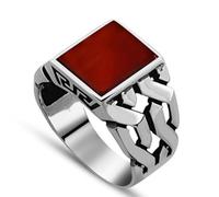 SDGBCXD Anillo de plata de ley 925 con gema roja y nombre grabado. Anillo de sello de ágata roja con un toque hip hop.