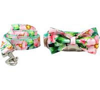 SDGBCXD Collares para Perros, Conjunto de Collar y Correa for Perro con Estampado Moda, Ajustable Pajarita Hebilla metálica liberación rápida, antitorsión(Pink Flowers,XS)
