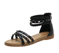SDGHH-8MMDM Sandalias Planas Con Tachuelas Para Mujer Remaches De Playa De Verano Puntera Abierta Sandalias Romanas Bajas Zapatos Casuales Cómodos Con Cremallera,Negro,42
