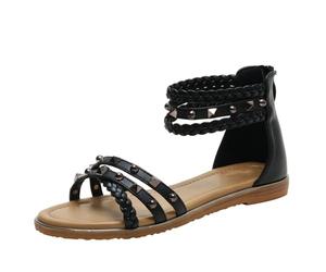 SDGHH-8MMDM Sandalias Planas Con Tachuelas Para Mujer Remaches De Playa De Verano Puntera Abierta Sandalias Romanas Bajas Zapatos Casuales Cómodos Con Cremallera,Negro,42