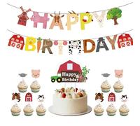 Sdhgerh 12 unidades de decoración de cumpleaños de granja, guirnalda de feliz cumpleaños, pancarta de cumpleaños de granja, decoración de tartas, decoración divertida para cupcakes para niños y niñas