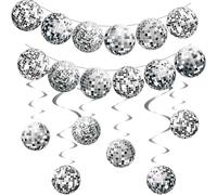Sdhgerh 24 bolas de discoteca decorativas, 12 bolas de discoteca, espirales colgantes y 12 guirnaldas, bolas de discoteca plateadas, serpentinas decorativas para fiestas de los años 70, 80 y 90