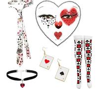 Sdhgerh Juego de 7 tarjetas de juego para mujer, disfraz de reina de corazones con tarjetas de póquer, medias sin soporte, corbata, pendientes, gargantilla, casino, fiesta, para carnaval, cosplay