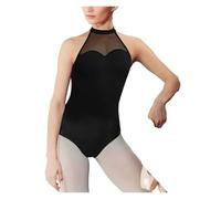 SDIUAKBV Ballet Adulto Mallot de Danza Maillot de Ballet Negro for Mujer, sin Mangas, Cuello Halter, Empalme de Malla, Espalda con Efecto Gota de Agua y Cierre con Broche.(M)